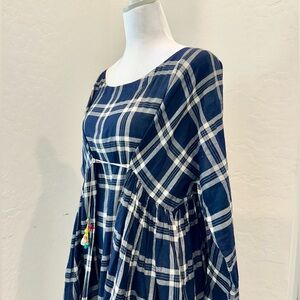 péro Blue & White Plaid Shirt Dress | Artisan Tassel Detail | Small
